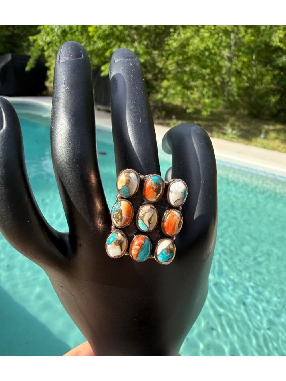 Artisan Spiny Oyster Turquoise solid Copper Statement Ring Adj Southwest 9.84g
